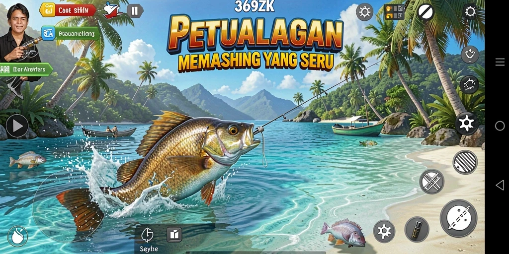 Screenshot 369ZK menunjukkan aksi memancing di perairan indah dan realistis.
