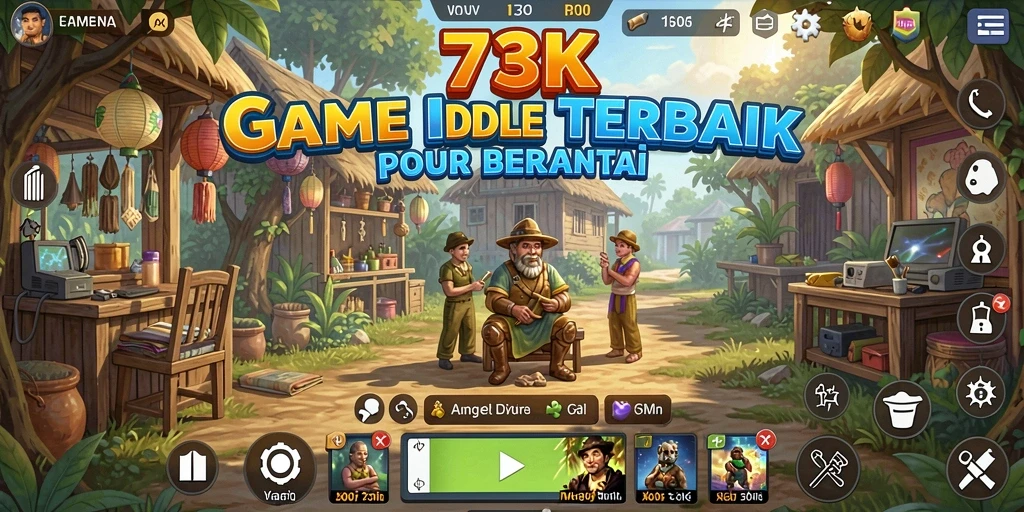 Screenshot gameplay 73K menampilkan karakter yang bekerja secara otomatis.