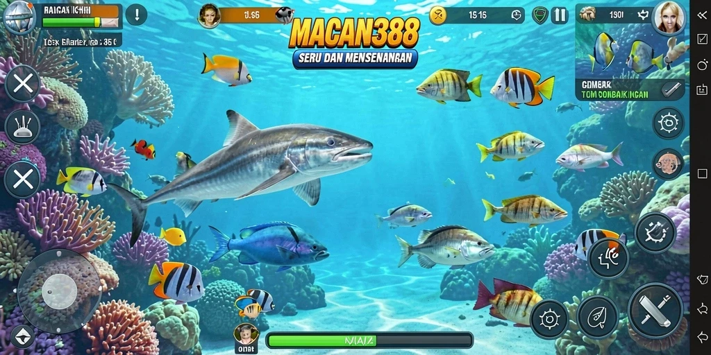 Tampilan gameplay seru dengan aksi menembak ikan.
