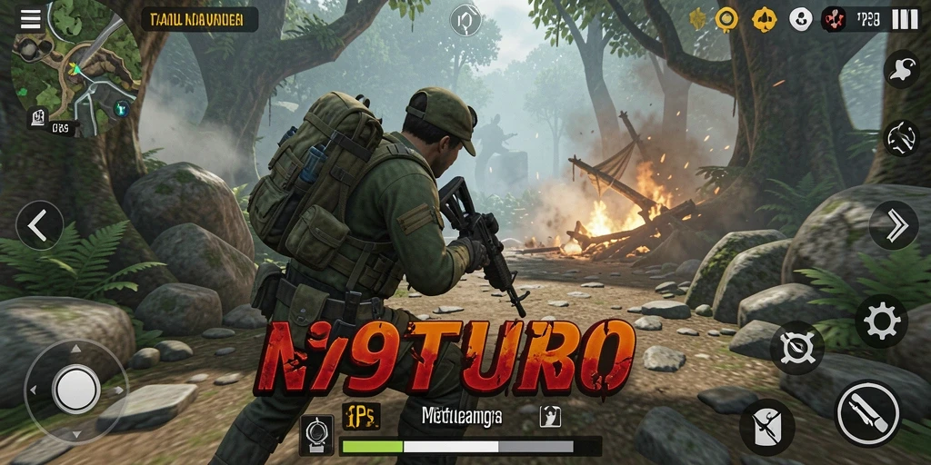 Tampilan gameplay menegangkan di N9TURBO dengan aksi pertempuran seru.