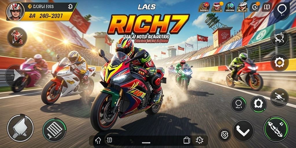 Gameplay balap motor yang seru dan mendebarkan di RICH7.