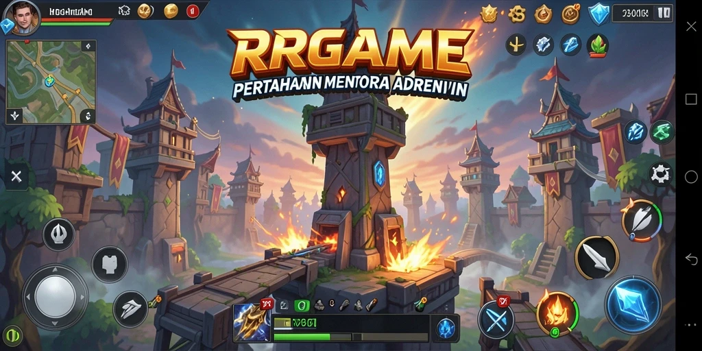 Screenshot RPGAME menampilkan aksi menara pertahanan yang intens.