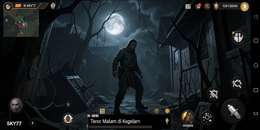 Tampilan gameplay SKY77 yang penuh ketegangan dan suasana horor.
