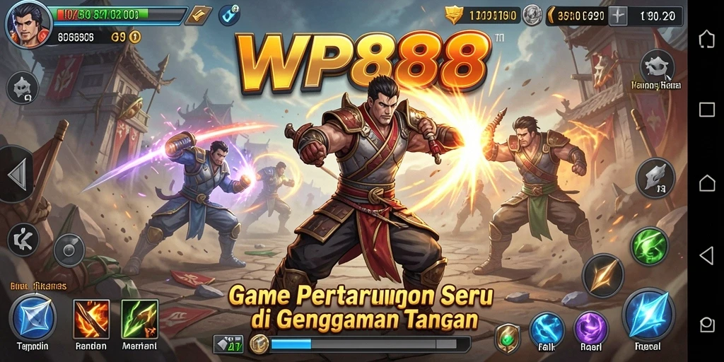 Screenshot WP888 menunjukkan pertarungan intens dengan karakter unik dan latar belakang dinamis.